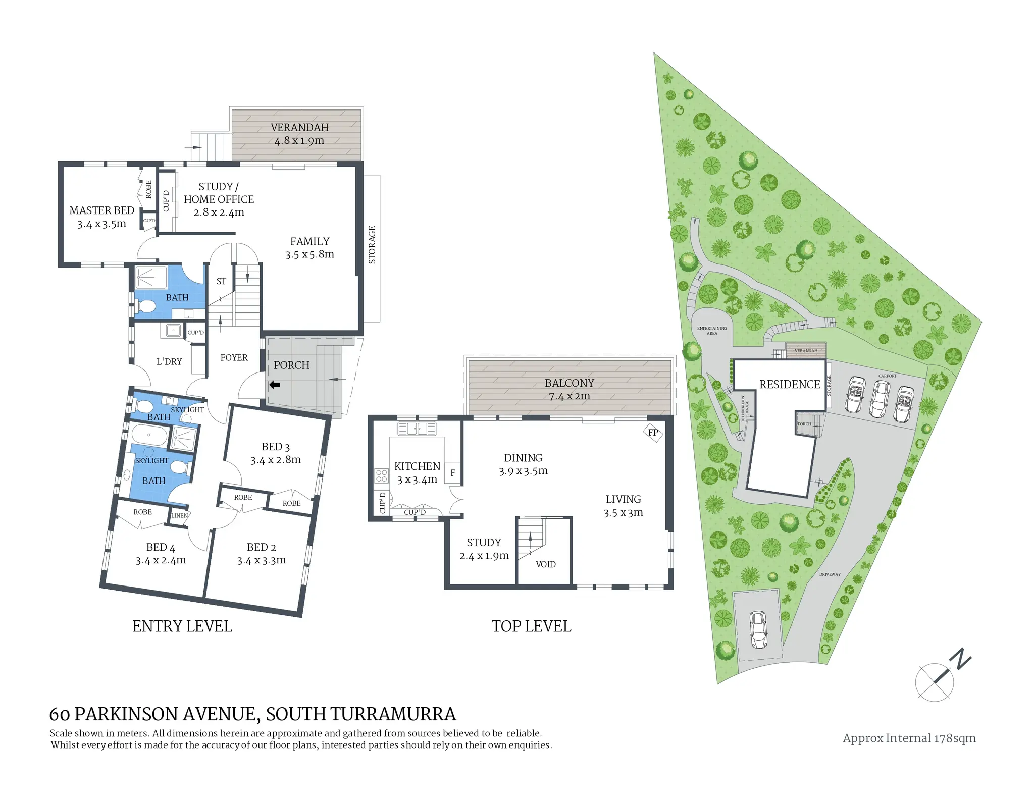 Floor plan of the entry level and top level with room dimensions, and a site plan showing the house, carport, driveway and garden